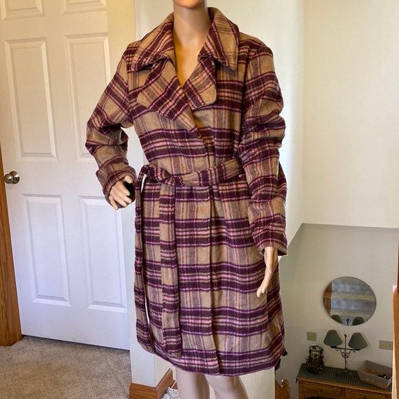 a new day Jackets & Blazers - A New Day - Soft Purple/Tan/Pink lined winter coat with snap and belt cl…